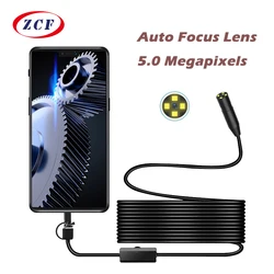 Auto Focus Industrial Endoscope Camera 3X Zoom 5.0MP HD1944P 3IN1 Type-c Micro USB Drain Inspection Snake Borescope Waterproof