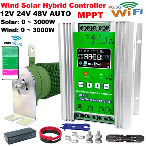 WIFI 4000W 風力ソーラーハイブリッド充電コントローラー、イコライザー付き、12V 24V 48V AUTO、ソーラーおよび風力用 MPPT、リチウム鉛バッテリー用