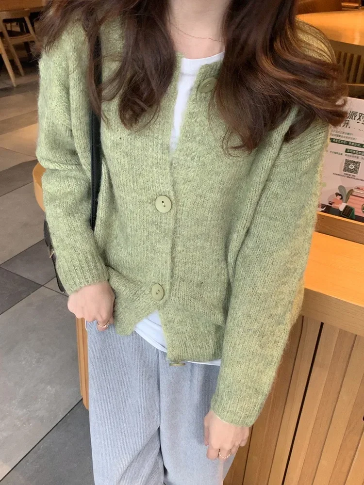 Autumn and Winter  New Avocado Green Cardigan Sweater Coat Women's Knitted Short Retro Outer Wear Gentle Top