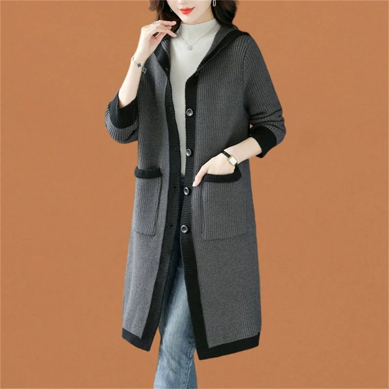 2025 Long Hooded Knit Sweater Outerwear For Women's Autumn Winter New Loose fitting Slim And Stylish Cardigan Mother Wool Coat