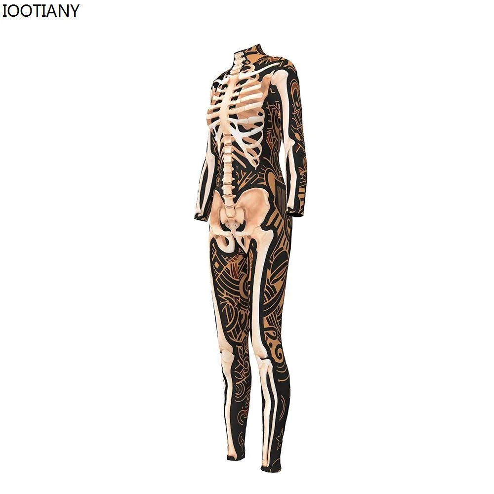 IOOTIANY Halloween Party Cosplay Costumes Women Skeleton Bones Print Catsuits Adult Fashion Gothic Bodysuits One-piece Clothing.