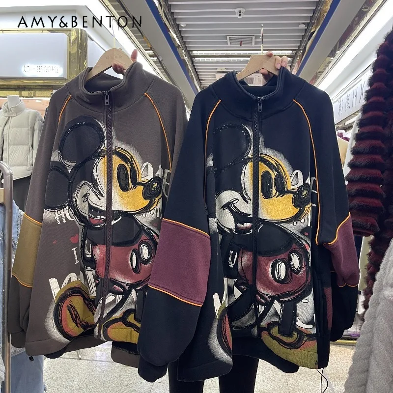 

2025 Winter New Loose Mid-Length Cartoon Fleece Stand Collar Vintage Sweatshirt Jacket Y2k Kawaii Long-sleeves Zipper Hoodies