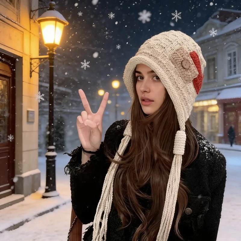 Women Knitted Wool Tassel Hat Fashion Patchwork Winter Warm Crochet Earmuffs Caps Korean Girl Coldproof Pullover Beanies Cap