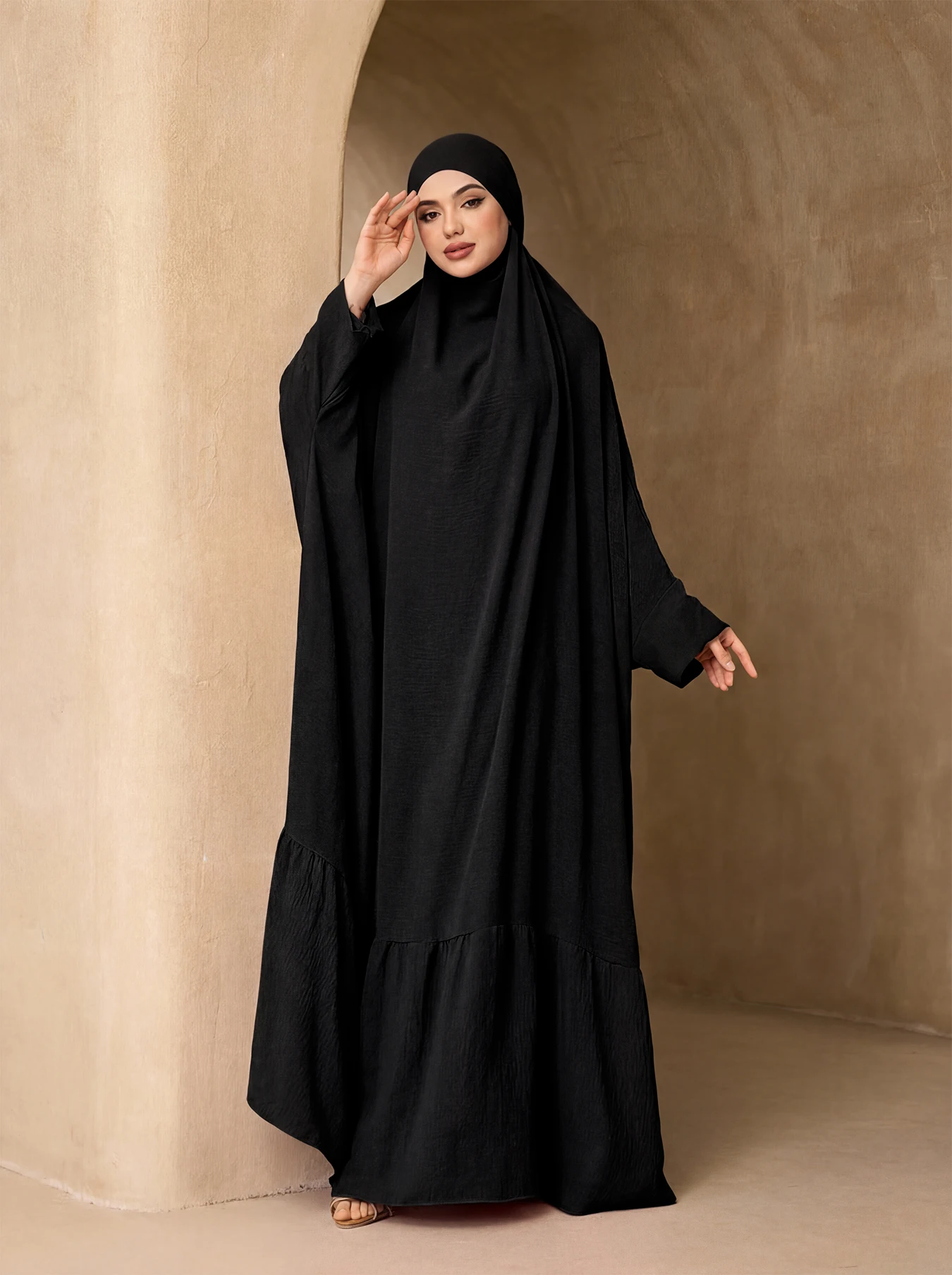 Ruffle Hem Batwing Sleeve Khimar Abaya One Piece Jilbab, Loose Modest Prayer Maxi Dress For MuslimWomen Daily Eid Religious Wear