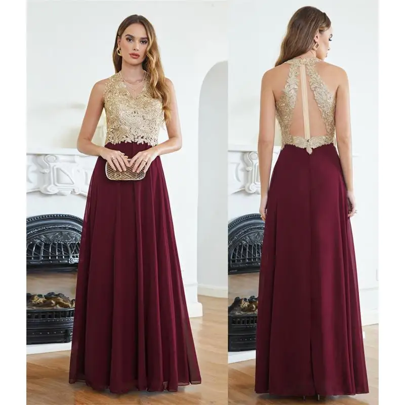 Meekiss Elegant V-Neck Sleelvess Bridesmaid Dress A Line Sparking Gold Appqulies Prom Dress Chiffon Gown 24-hour shipping