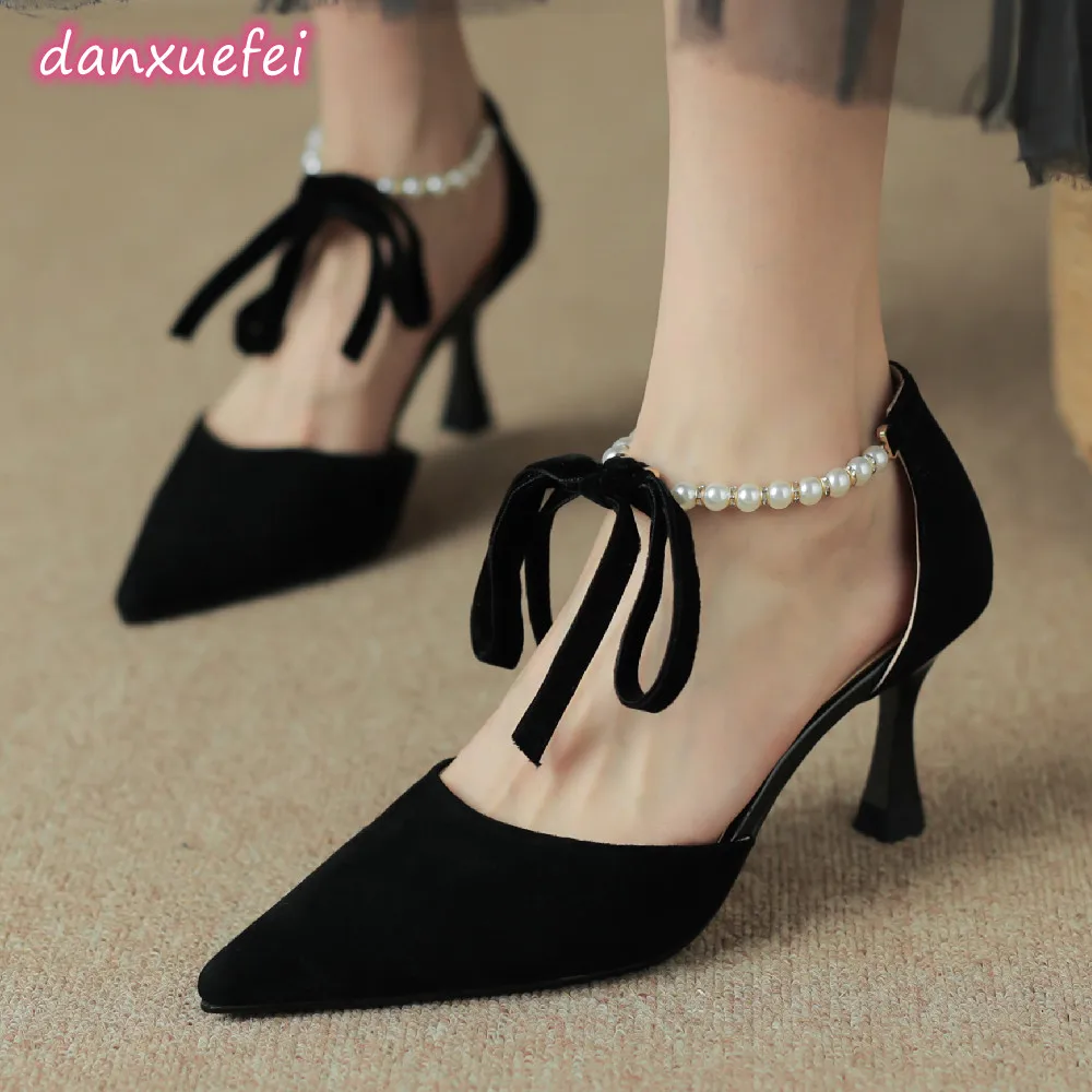 

danxuefei women's natural suede leather thin high heel pointed toe ankle strap pumps elegant ladies beading bowtie summer shoes