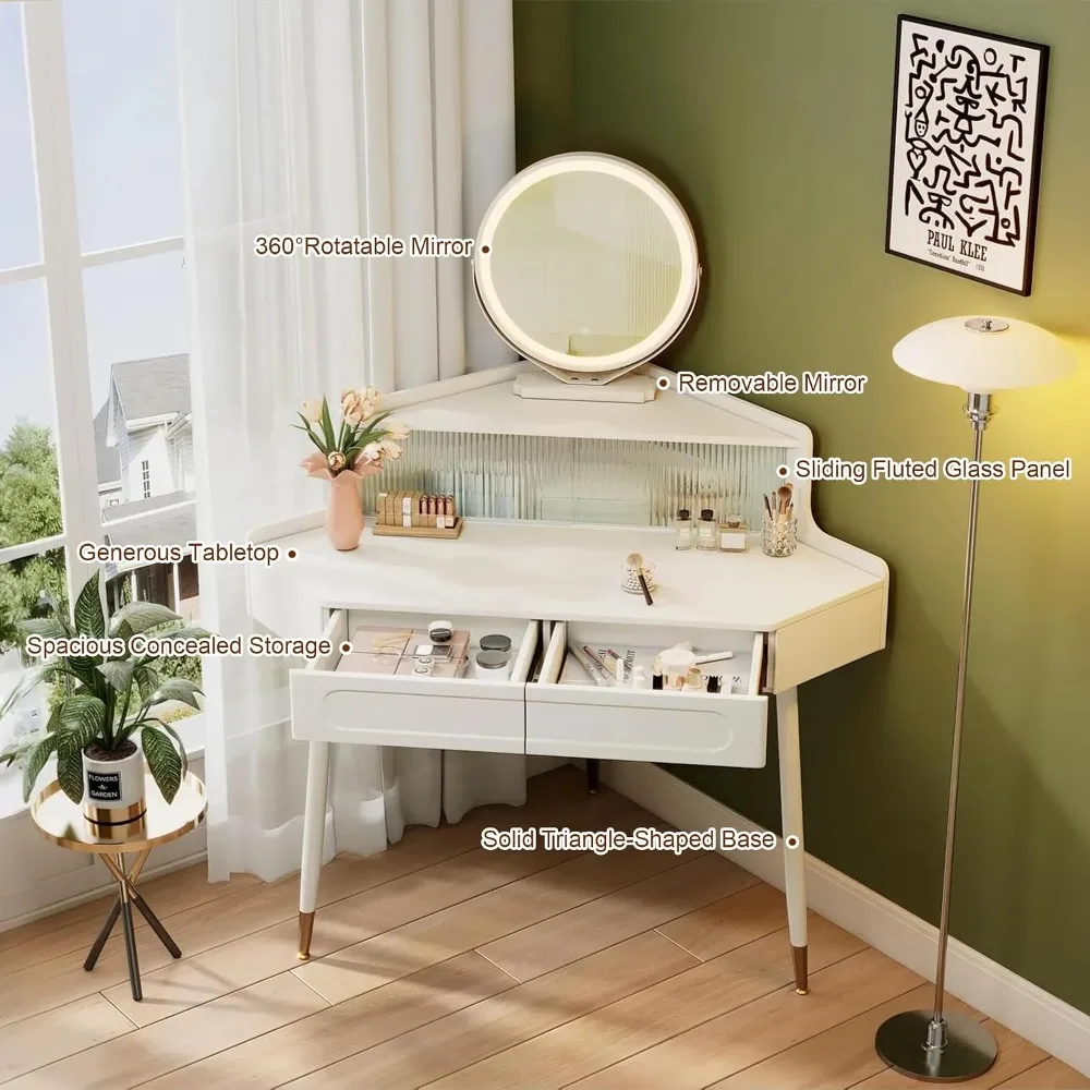 White Corner Makeup Vanity Desk with LED Mirror and Hidden Storage