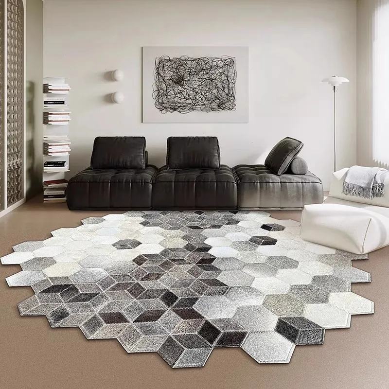 Creative Irregular Round Carpet Grey Real Cow Hide Home Decor Rug for Bedroom Simple Modern Living Room Carpets Study Cloakroom