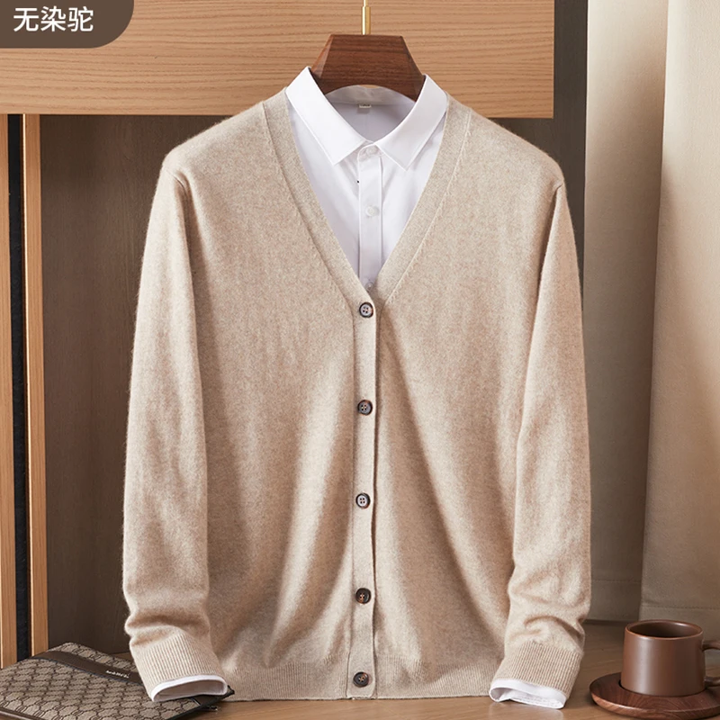 เสื้อคาร์ดิแกนแคชเมียร์คอวีผู้ชายสีแดงหนาสีทึบเสื้อกันหนาวถักเสื้อลําลองเสื้อขนสัตว์ธุรกิจ