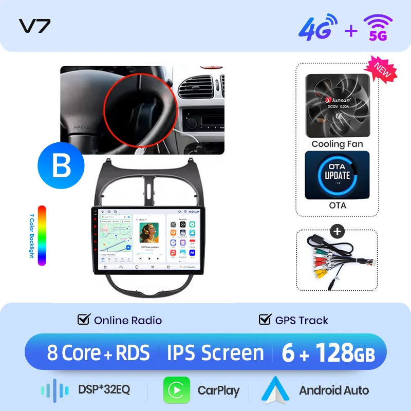 Junsun draadloze CarPlay Android Auto autoradio voor Peugeot 206 (Hatch/CC/SW) 1998-2012 met ingebouwde koelventilator, Android GPS navigatie, multimediaspeler, WiFi, DSP, RDS, BT, SWC, IPS