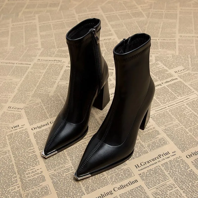 Damen Stiefeletten Blockabsatz High Heel Metallspitze Spitzer Zehenbereich Kurze Stiefel Reißverschluss PU Leder Herbst Winter Elegante Abendschuhe Büro Halbstiefel Bequem – Detail 7