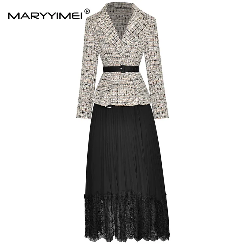 

MARYYIMEI Fashion Runway Autumn Winter Dress Women Notched Long sleeve Belted Tweed Patchwork Black Lace Pleated Dresses