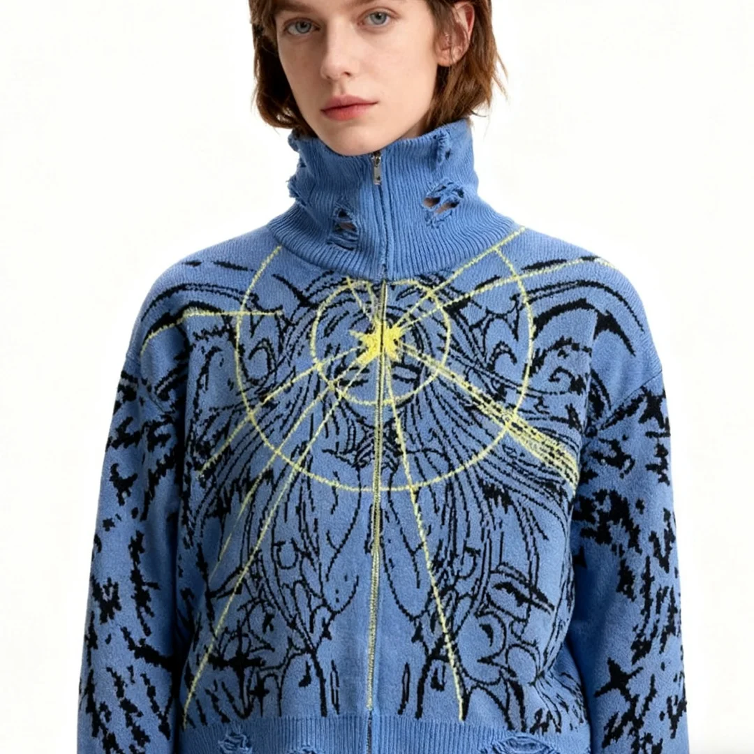 Y2K Angel Cartoon Print Zipper Destruction Style Sweater American Autumn Winter High Street Casual Knitting