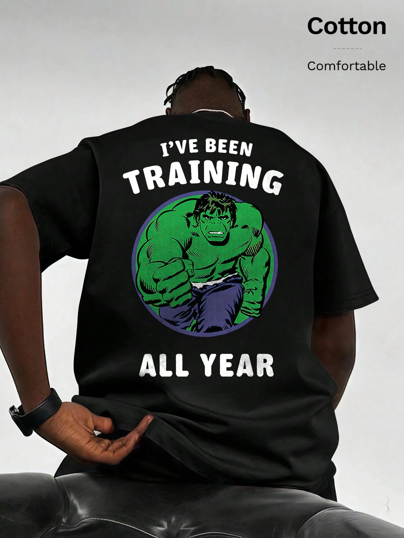 

Фирменный мужской хлопковый топ в рубчик Marvel Co, принт Халка, драпировка, модный мягкий дышащий мужской черный топ с короткими рукавами