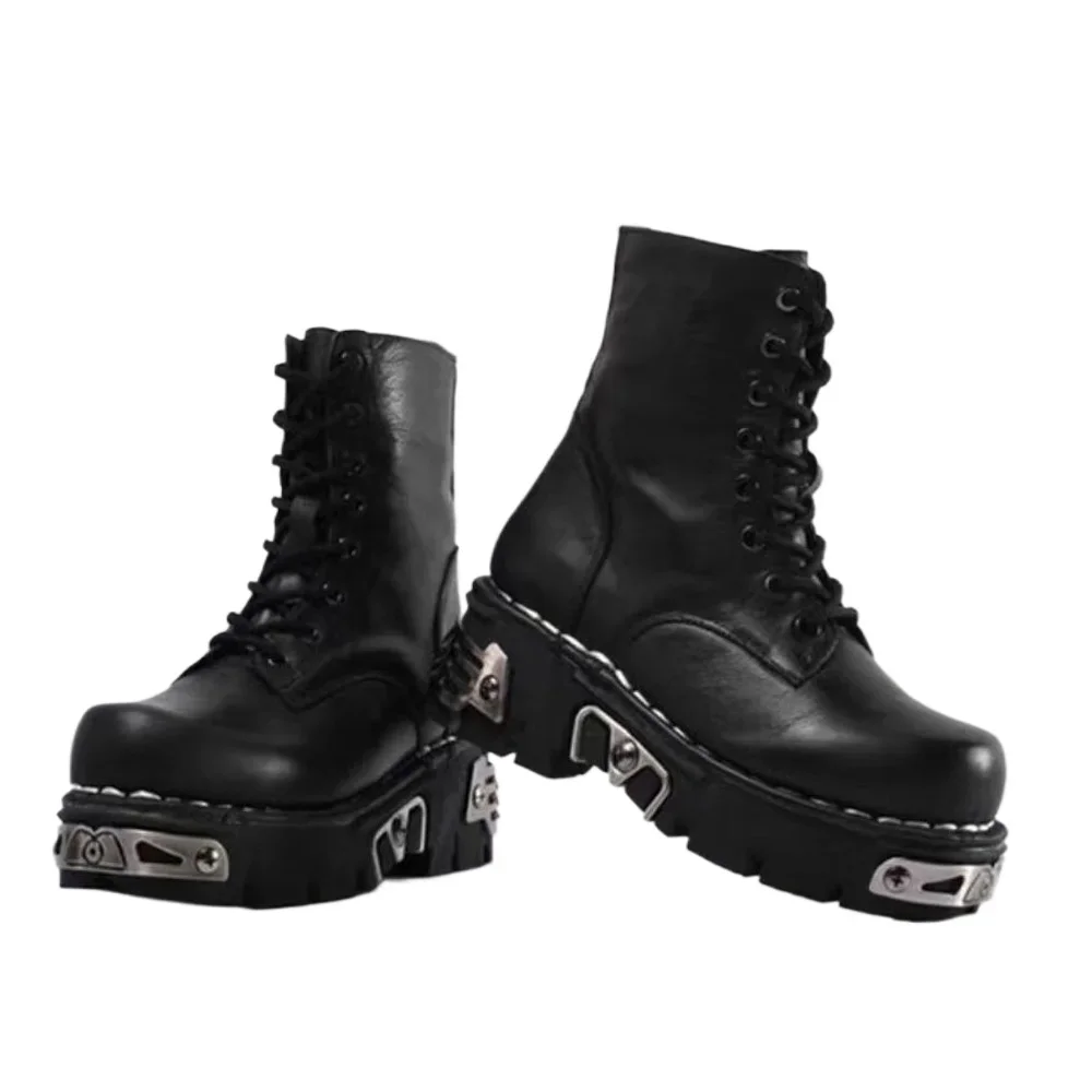 

New Goth Punk Men's Genuine Leather Motorcycle Boots Platform Rubber Black Warm Mid-Calf Tactical Combat Boots Fashion Lace up