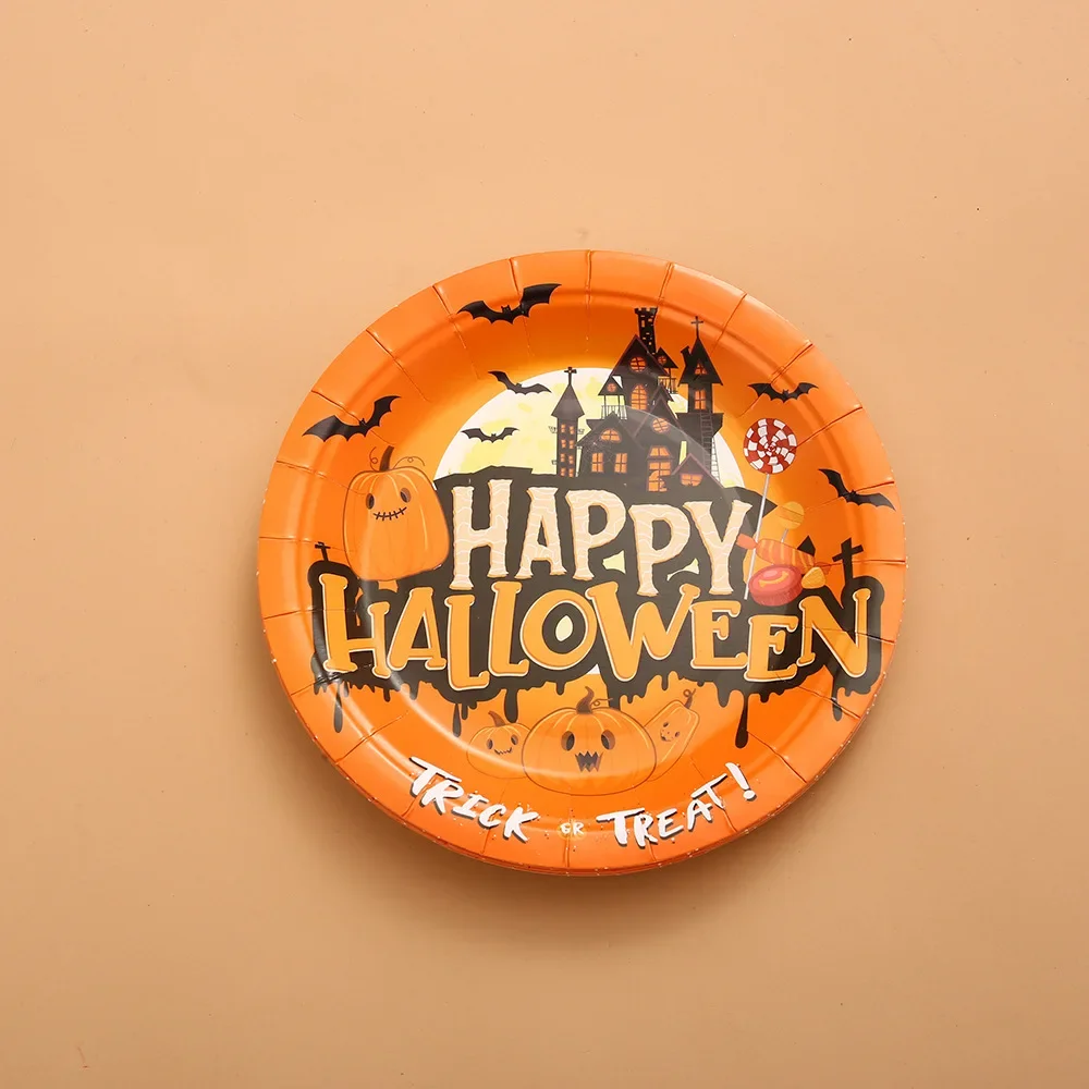 Halloween Family Pumpkin Lantern Tableware Trick or Treat Paper Plate Cup Paper Ghost Witch Dinner Party Bat Candy Knife Fork