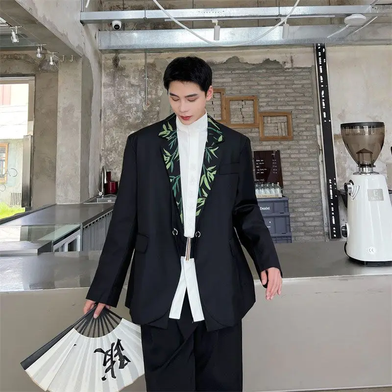 4-B1  2023 autumn new style new Chinese style suit green bamboo print design rendy brand handsome personality suit jacket men