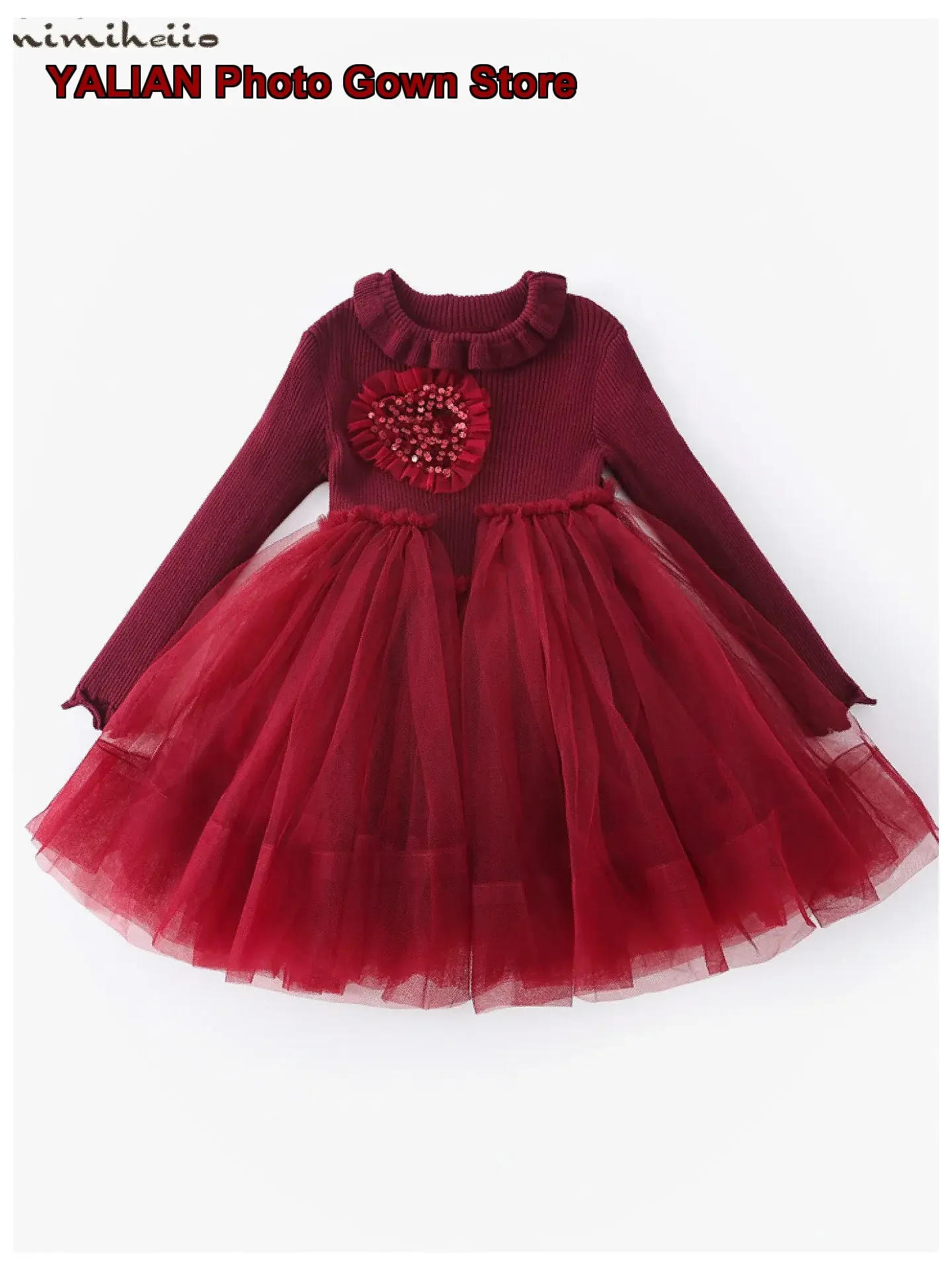 Girls Sequin Long Sleeve Knit Dress Winter 2026 Greeting Outfit Tulle Patchwork Skirt Long Sleeves Mesh