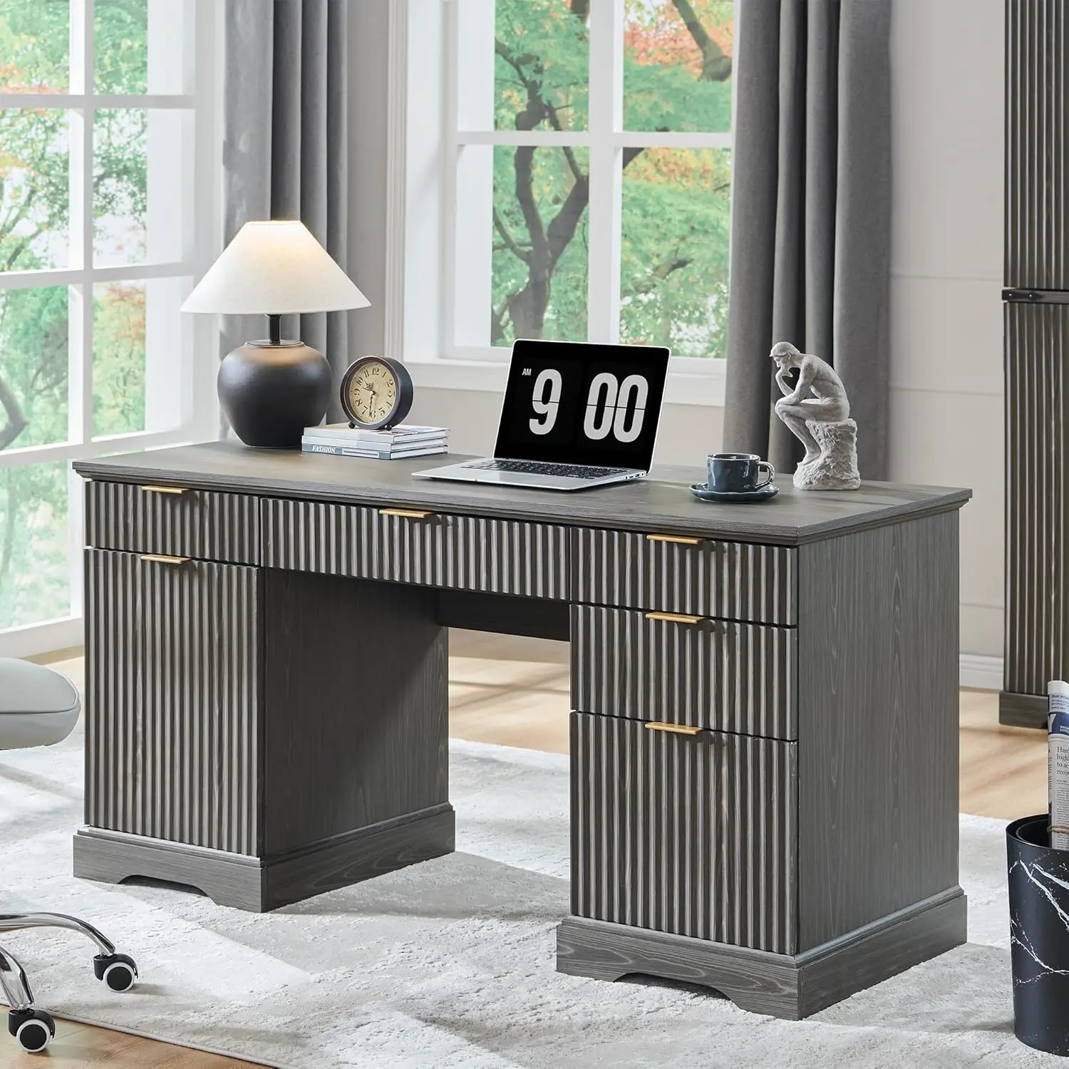 

Современный офисный стол для руководителя с местом для хранения, деревянный домашний офисный стол с ящиками и тумбой, компьютерный письменный стол с рифленой отделкой, на заказ