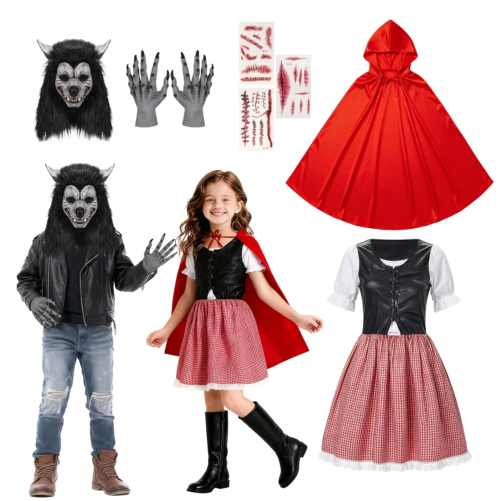 

Little Red Riding Hood Costume Black Hair Werewolf Mask Gloves Set Storybook Character Dress Halloween Cosplay Costumes Props