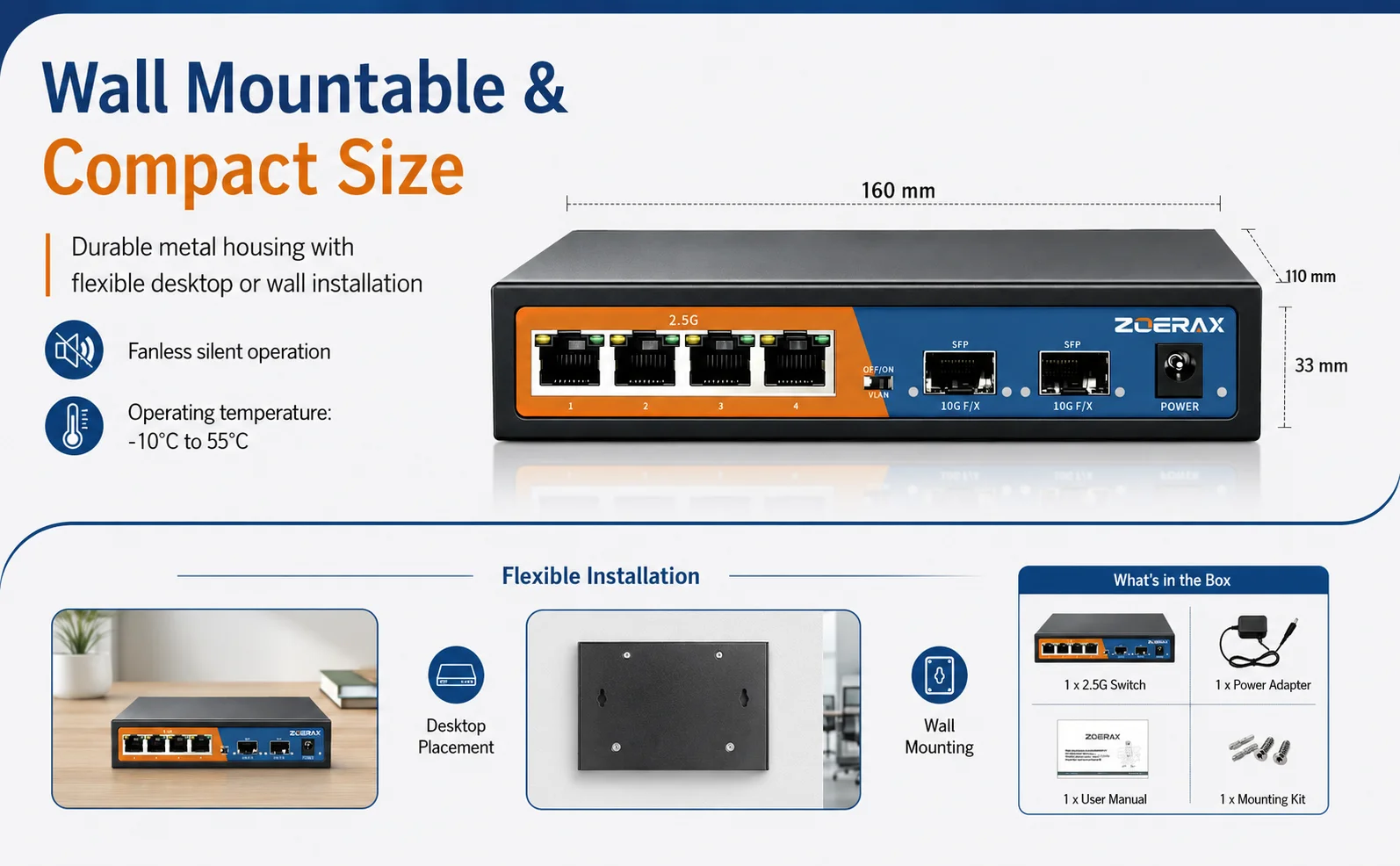 ZoeRax 6-Port Multi-Gigabit Ethernet Netzwerk-Switch mit 4-Port 2.5Gb RJ45 und 2-Port 10G SFP+ Unmanaged 4KV Blitzschutz, One-Key-VLAN – Detail 3