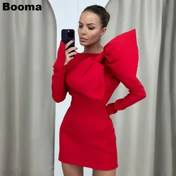 Booma Red Mini Prom Gowns Satin High Neck Long Sleeves Cocktail Dresses for Women Special Occasion Dress with Big Bow Outfits