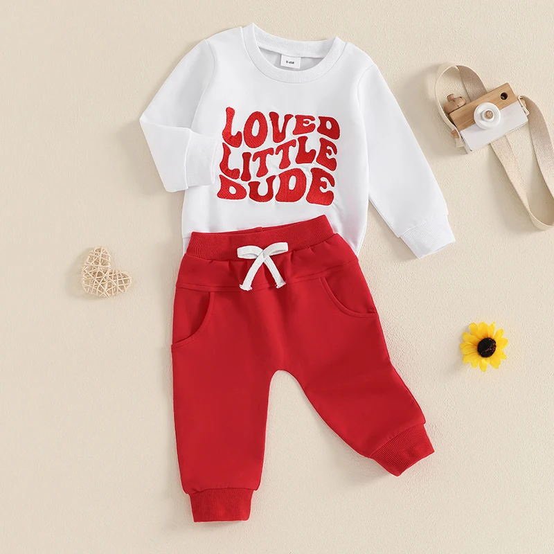 Kids Baby Boys Girls Valentine's Day Sets Fall Spring Clothes Long Sleeve O Neck Letter Embroidery Sweatshirt and Pants 2PCS Set