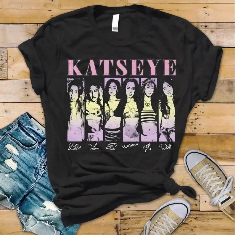 KATSEYE Retro Comic-Style Member Lineup & Signature T-Shirt: Pink-Accented Fan Exclusive Merch Design T-shirt