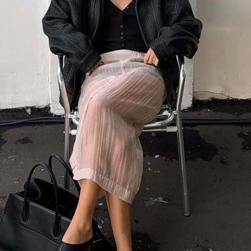 TARUXY Sexy Hot Girl Pink Skirt Women's Slit Perspective High-Waisted Loose Long Skirt Spring Summer Casual Street-Style Skirt