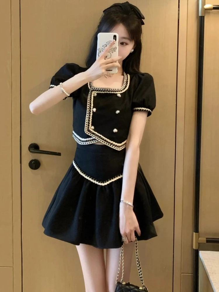 

Small Fragrance Matching Sets Square Collar Puff Sleeve Double-breasted Crop Tops+high Waist Mini Skirts Summer Women's Clothing