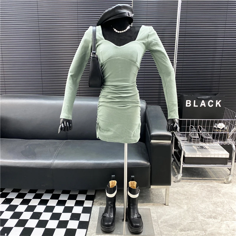 New Brand Original Design Square Collar Collarbone Dress 2022 Fried Street Fashion Pleated Thin Buttock Bottomed Dress