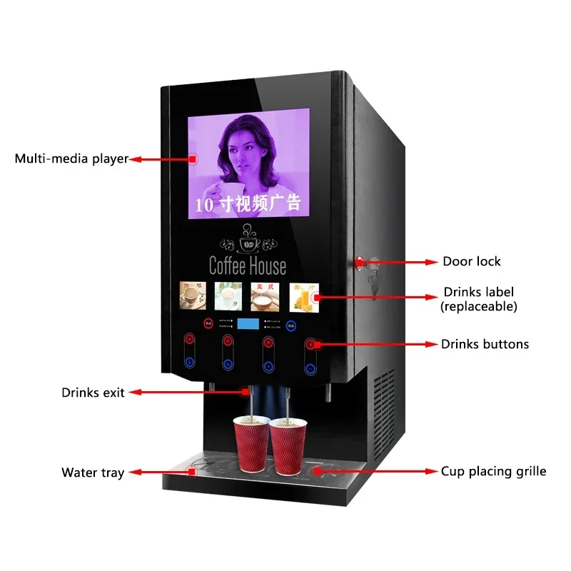 40scw-10l 4 Hot and Cold Instant Coffee Vending Machine Commercial Multimedia Player Milk Tea Vending Machine