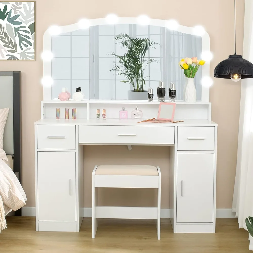 

usikey 43.3" Vanity Desk with Lighted Mirror,10 Led Lights,Makeup Vanity Table with 3 Drawers, 2 Cabinets & Long Storage Shelf,