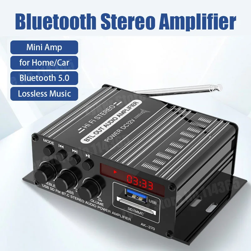 AK370 12V Mini Power Amplifier Home Car Class D Bluetooth Sound Amplifiers Stereo BASS Audio Amplify Support FM MP3 USB SD input