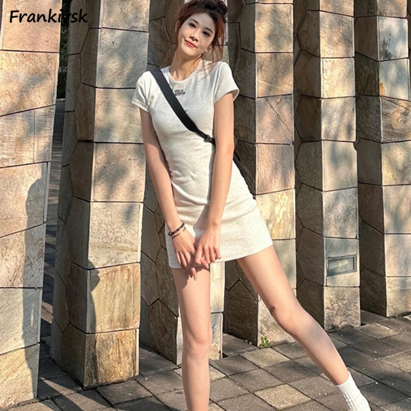 Skinny Mini Dresses for Women Sexy Solid Vintage Normcore Summer Abdomen Chic Short Sleeve American Style Vestidos Streetwear