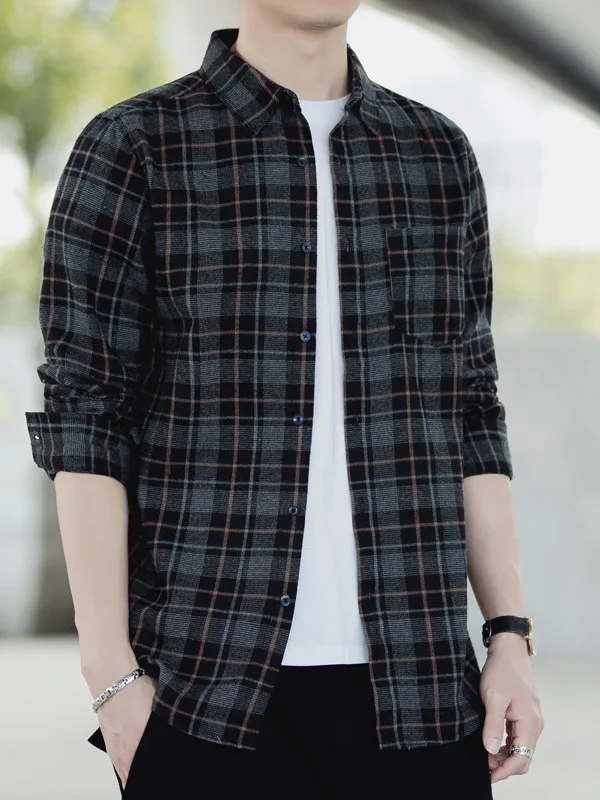 

Casual Plaid Long Sve Men's irt Vintage Deep Color Stand Collar Base Layer Faion Urban Sle Linen Spring Autumn Top