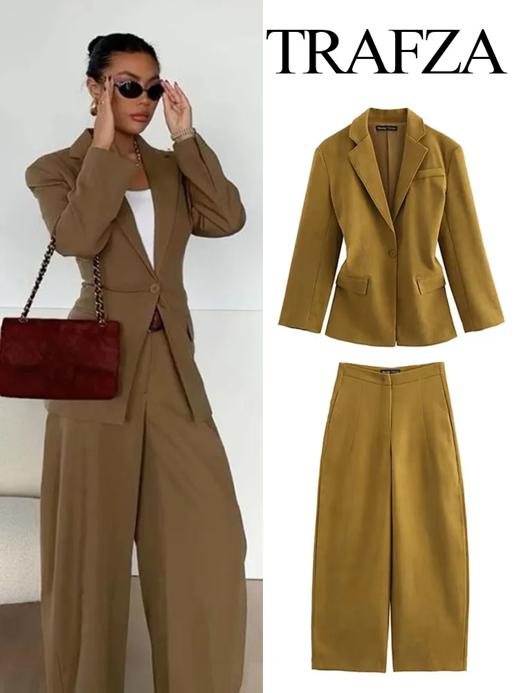 TRAFZA 2024 Women\'s Fashion Slim V Neck Single Breasted Blazer 2-piece Retro High Waist Khaki Women\'s Loose Bloomers Suit