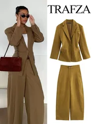 TRAFZA 2024 Women's Fashion Slim V Neck Single Breasted Blazer 2-piece Retro High Waist Khaki Women's Loose Bloomers Suit