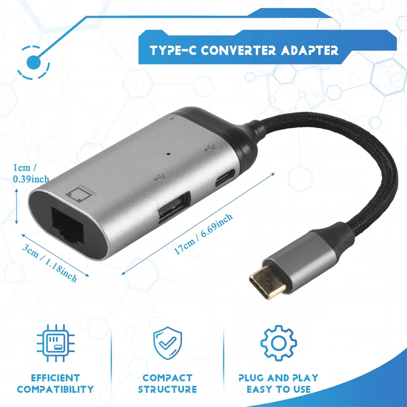 AEE7-3 In 1 Type-C To Gigabit Ethernet Rj45 Lan PD Charging USB C Data Port Converter Adapter For TV PC   S20