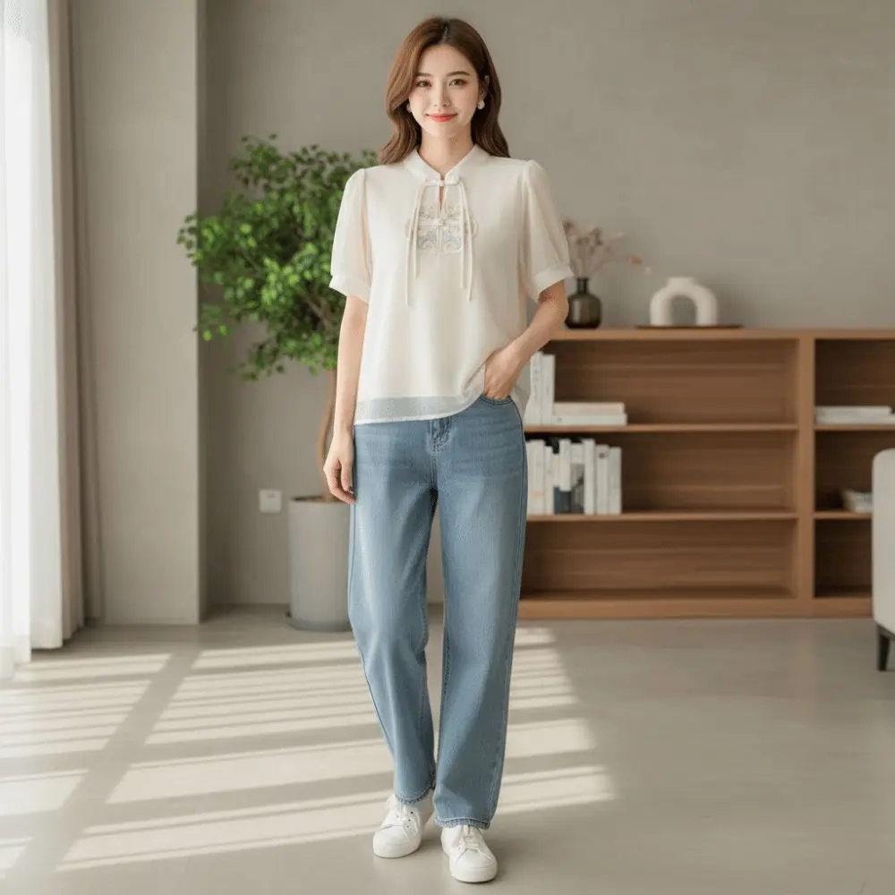 Fashion Chinese Style Embroidered Chiffon Blouses Slimming Breathable Short Sleeve Shirts Stand-Up Collar Blouses Women