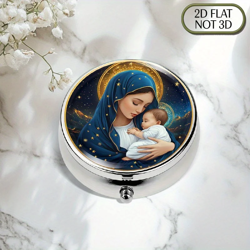 A flat, portable, round metal pill box featuring a cute illustration of a mother and child hugging, perfect for carrying medication while traveling. It is also very suitable for storing vitamins.