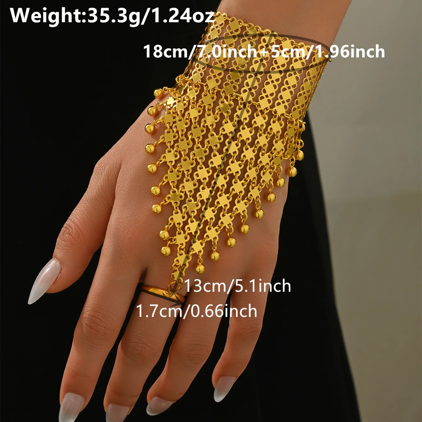 Vintage Ethnic Gold-Plated Metal Bracelet, Middle Eastern Exotic Style With Central Ring For Stage Dancer Finger Hand Accessory image 5