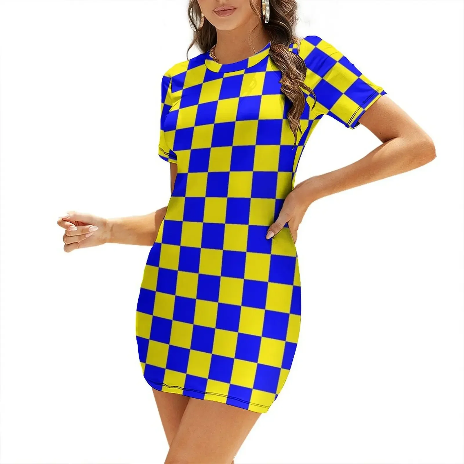 

Checkered (Large Squares) Dark Blue and Yellow Short-Sleeved Dress beach outfits for women dresses for special events