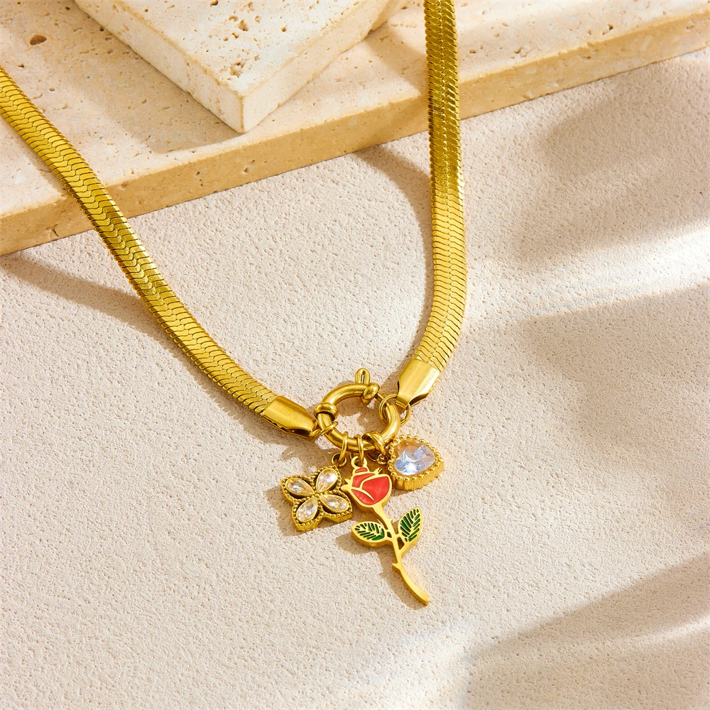 Edelstahl Rose Blume Anhänger Schlange Knochen Halskette Für Frauen Neuartige Trend Mode Hals Schmuck Glamouröses Geschenk