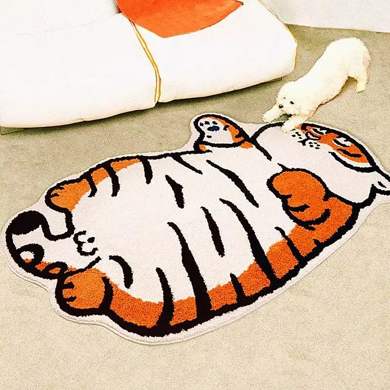VIKAMA Cute Lazy Tiger Fluffy Rug Irregular Animal Shape Non Slip Floor Mat Cartoon Style Bedroom Entryway Decor Carpet