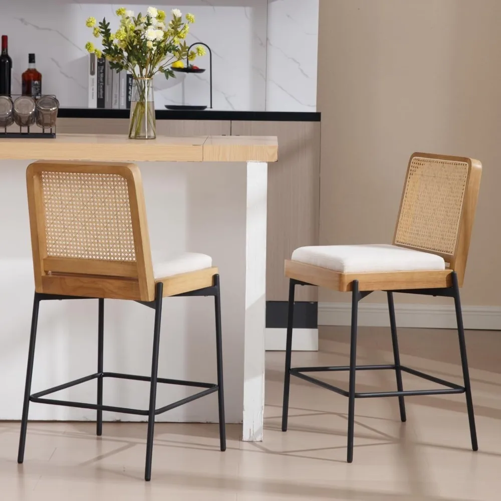 26 Inch Counter Height Linen Barstools Rattan Backrest Upholstered Bar Chairs with Metal Legs for Kitchen Dining Room