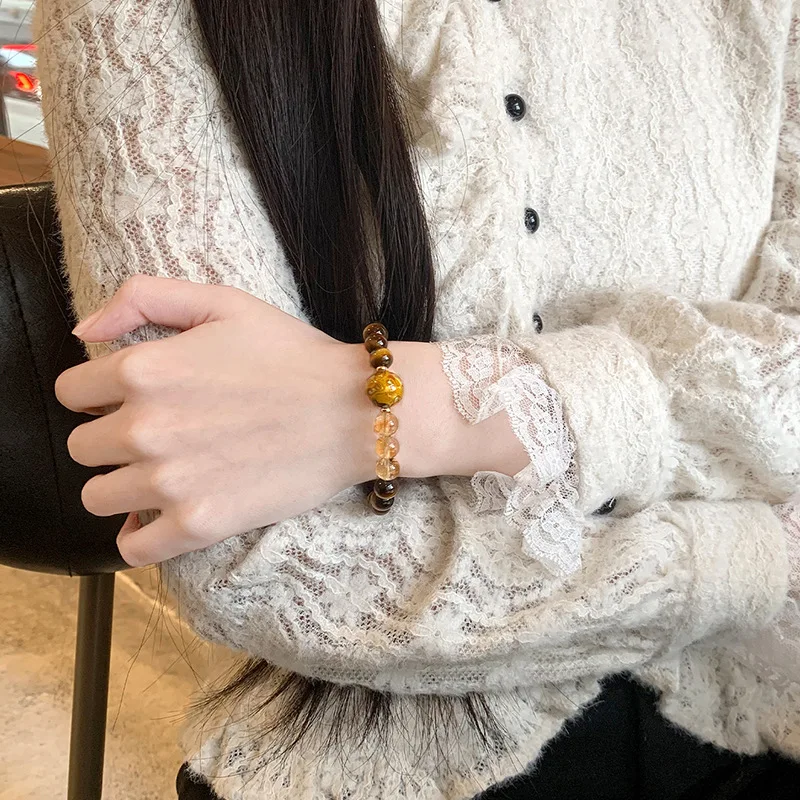 Chinese Style Lucky Wealth Attracting 8mm Yellow Tiger Eye Stone Yellow Rutilated Quartz Beaded Bracelet Handmade Traditional