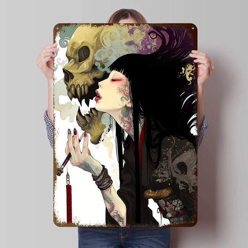 Anime-Mädchen mit Totenkopf Blechposter Individuelle Wandkunst Vintage Metallschilder Retro Blechplakette für Gaming-Raumdekoration Ästhetisch