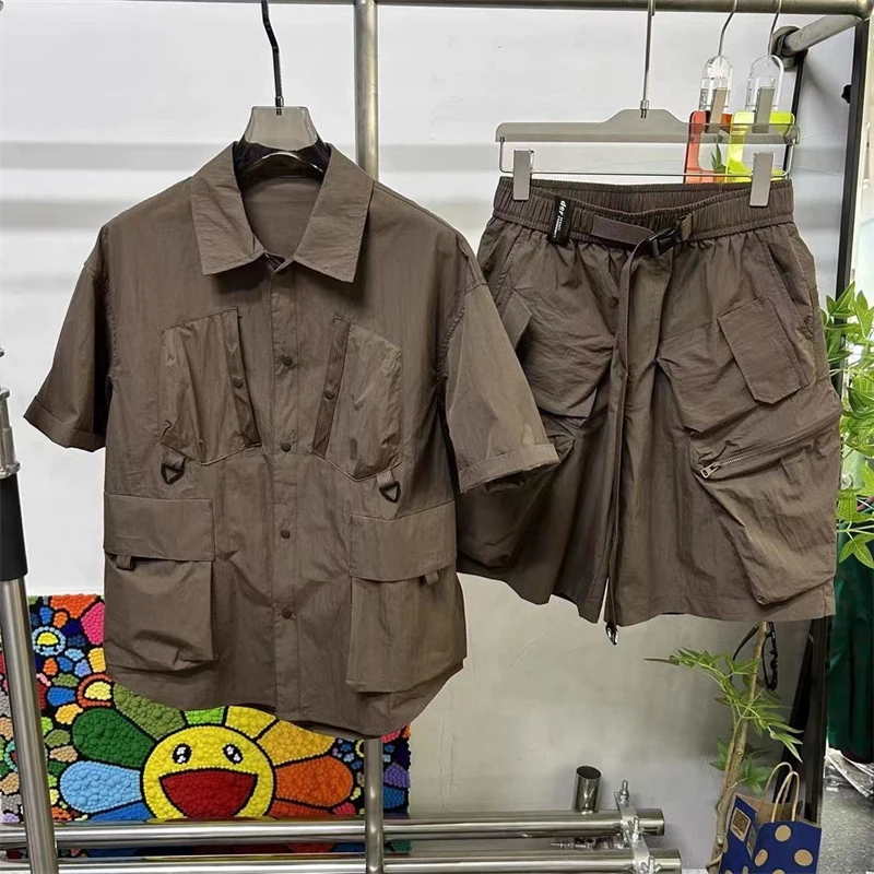 Multi-Pocket Utility Clothes Set Men Summer Streetwear Oversized Shirt & Cargo Shorts 2CPS Urban Tactical Casual Ensemble Outfit
