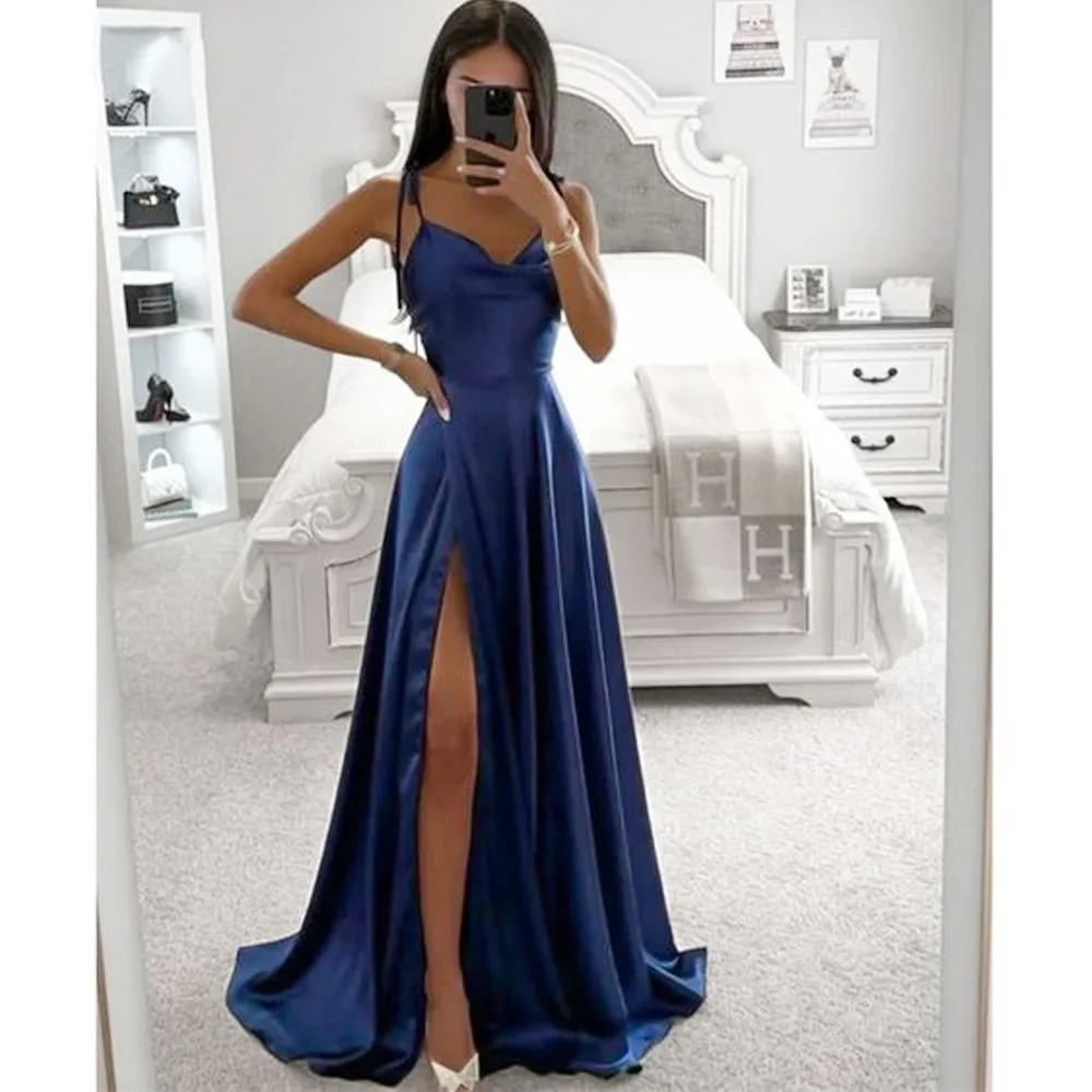 Navy Blue Spaghetti Straps A-Line Side Slit Sleeveless Satin Long Bridesmaid Dresses Women Elegant Formal Prom Party Gowns